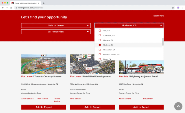 Northgate's properties page with filter list expanded.